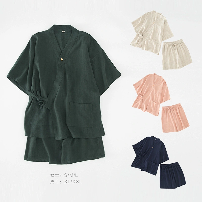 Belt Cozy 2 Pieces Breathable Solid Pajamas Woven Summer Short Cotton Pyjama Linen Women Lounge Wear