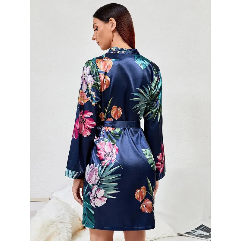 Party Bridesmaid Deep V Neck Kimono Robe Silk Floral Print Belted Womens Satin Robe