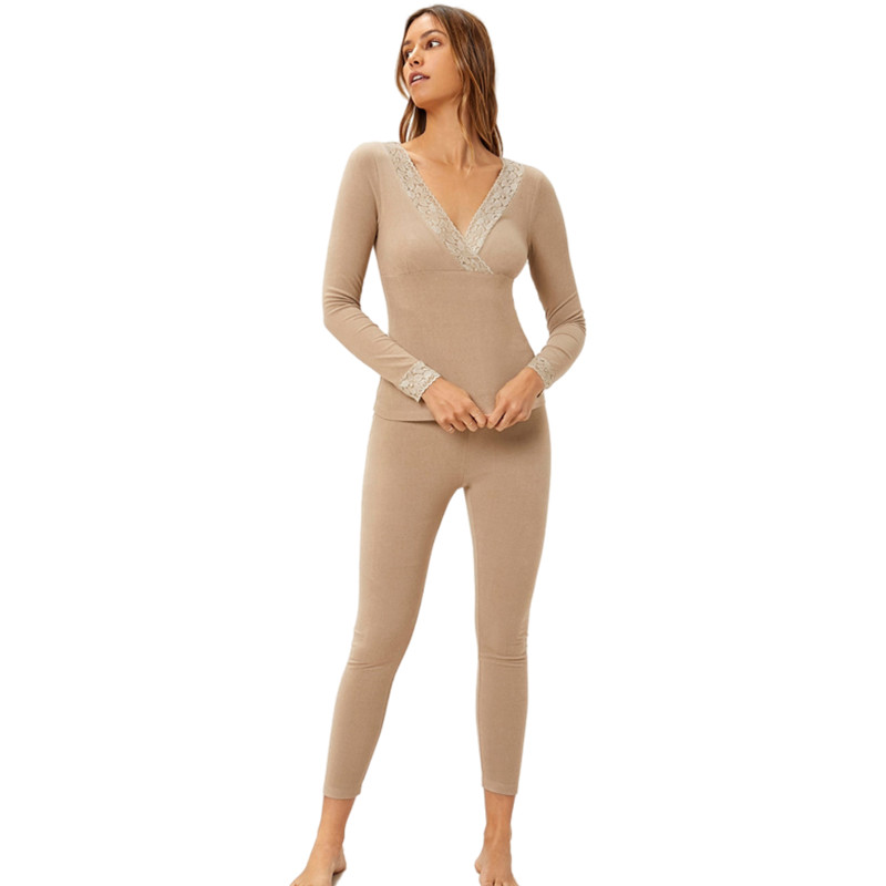 Thermal Solid Seamless Pajama Sets Bamboo Long Breathable Pyjama Designer Custom Women Cotton Underwear