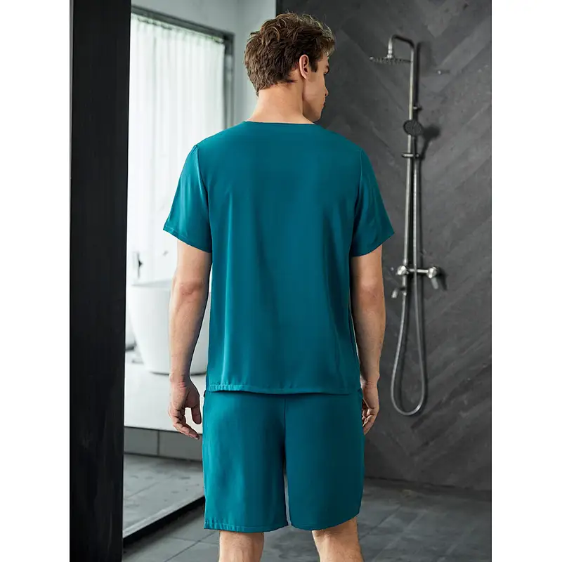Men Luxury New Designer Solid Plain V Neck Shirt & Shorts PJ Set