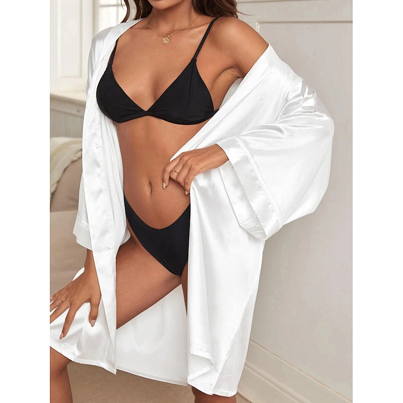 Drop Shoulder Belted Satin Lounge Bridal De Luxe Kimono Bath Robe