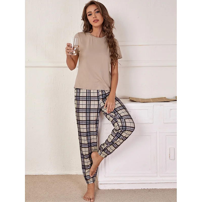 Custom Women Cotton Pajama Set Solid Tee & Plaid Pants Wholesale Loungewear