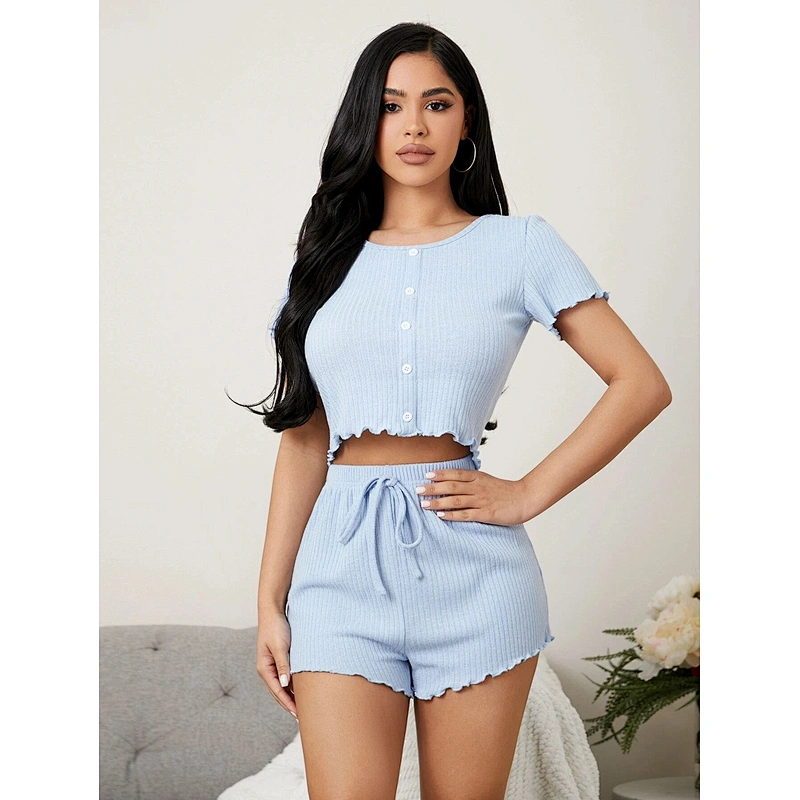 New Designer Bow Detail Lettuce Trim PJs Set for Women