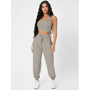 Custom Camisole Lounge Wear Solid Crop Tank Top And Sweatpants Joggers Set Women Loungewear Set