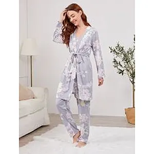 3pcs Floral Print Loungewear Cami Top and Pants Belted Robe Set Women Custom Viscose from Bamboo Pajamas