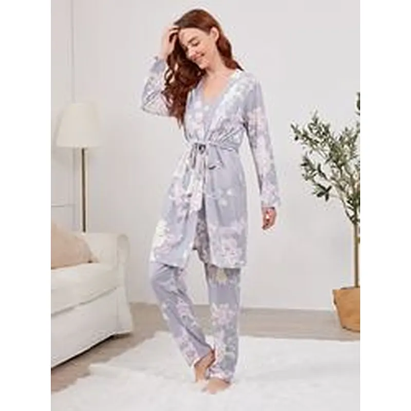 3pcs Floral Print Loungewear Cami Top and Pants Belted Robe Set Women Custom Viscose from Bamboo Pajamas