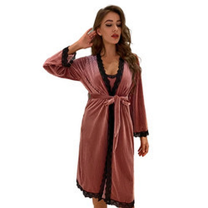 2 Pieces Lace Solid Print Sleepwear Dress Robe Chemise Sets Flannel Ribbed Custom Luxury Women Bath Robe