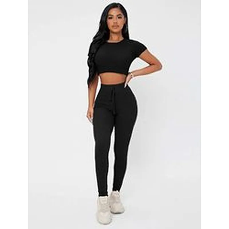 Waffle Knit Crop Tee & Tie Waist Leggings Set Custom Woman Lounge Wear Sets