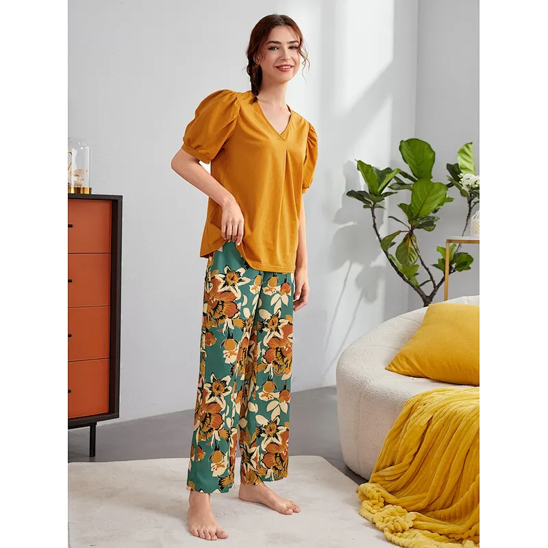 2022 Top Floral Print Pants Lounge Wear Woman Pyjama Long Cotton Women Pajamas Sets