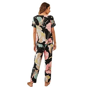 Floral V Neck Fall Lounge Wear Drawstring Women Sleepwear Pajamas Knit Cotton Femme Pyjamas