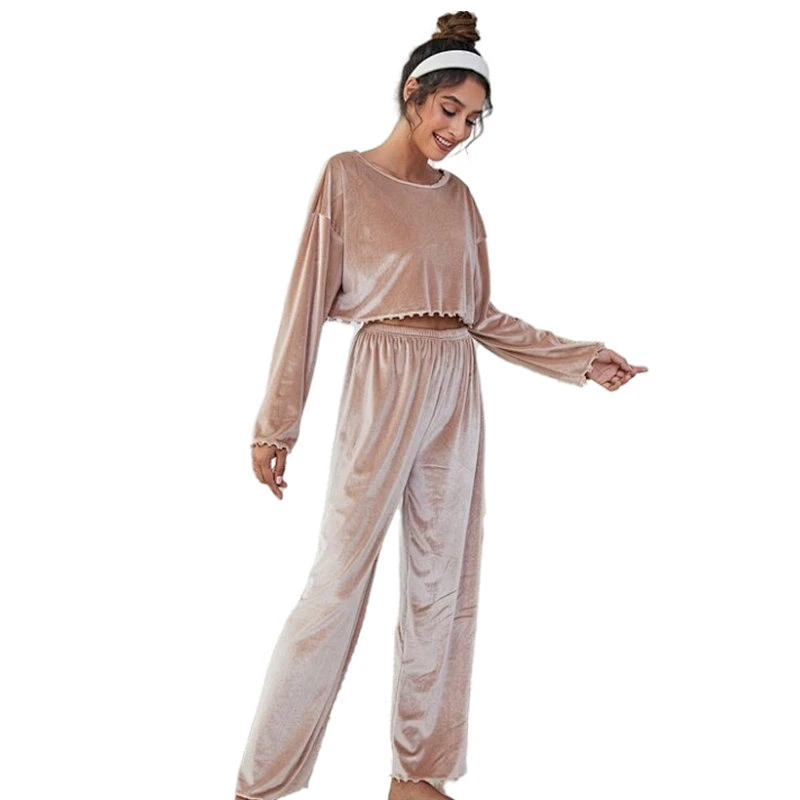 Winter Thick Solid Tops With Pants Fleece Pajama Sets Long Sleeve Custom Pj Set Velvet Femme Pyjamas