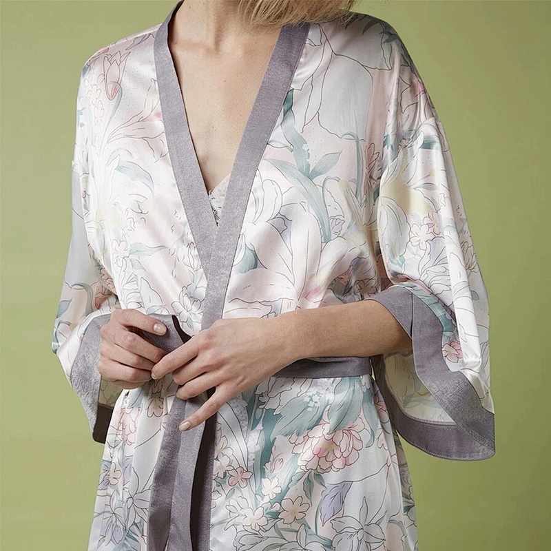 Wholesale Autumn Luxury Satin Pyjamas Robes 2 Pieces Long Sleeve Split Side Belted Silk Floral Night Robe for Bride