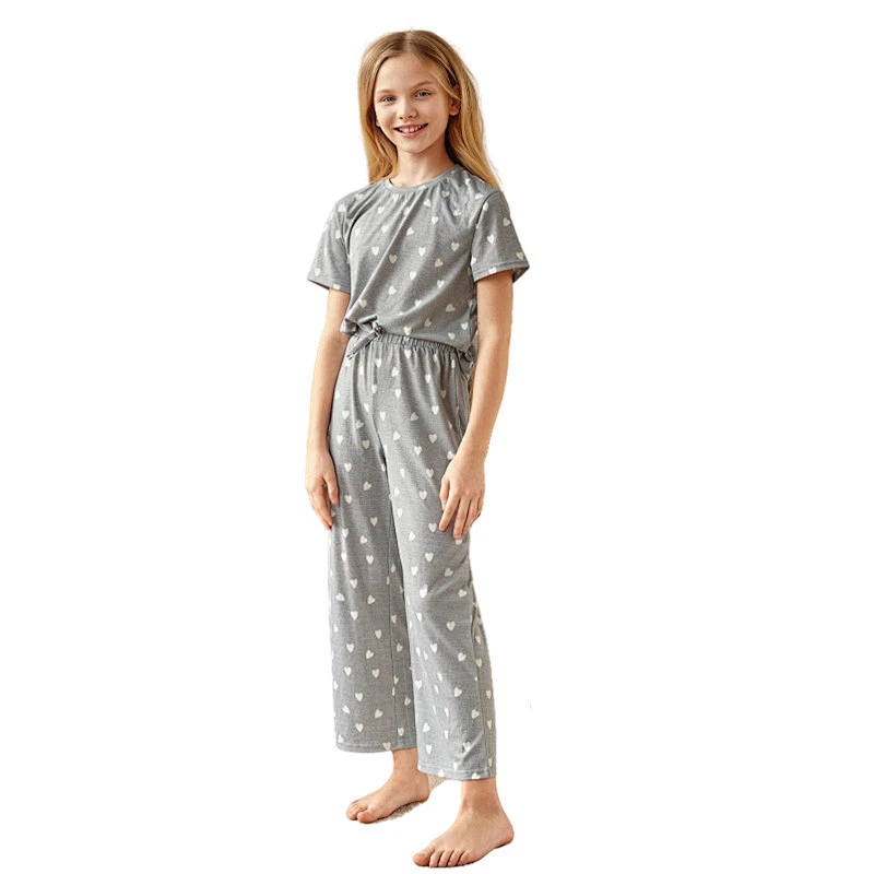 Wholesale girl printed Cute lounge wear children knitted bamboo sleepwear 2 pieces cotton kids pajama set