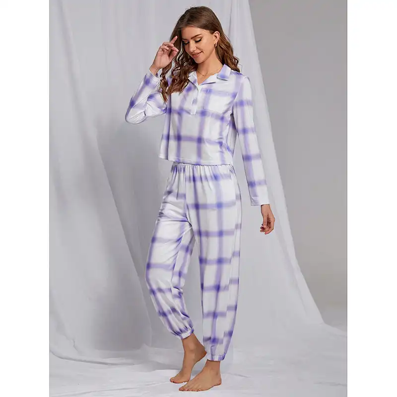 2022 Custom Plaid Print Top Pants PJ Set Winter Homewear For Adults Women Cotton Pajama Set