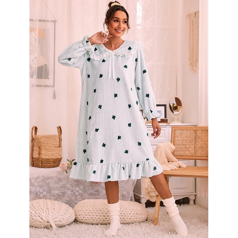 Winter Flannel Nightgown Cactus Pattern Bow Detail Ruffle Hem Night Gown Custom Woman Night Dresses