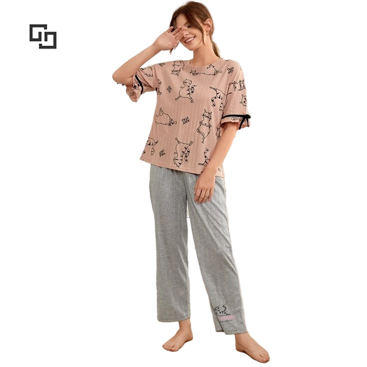 2 Piece Pajama Short Set Cartoon Print Bamboo Viscose Sleepwear Flounce Sleeve Bamboo Viscose Pajamas for Women