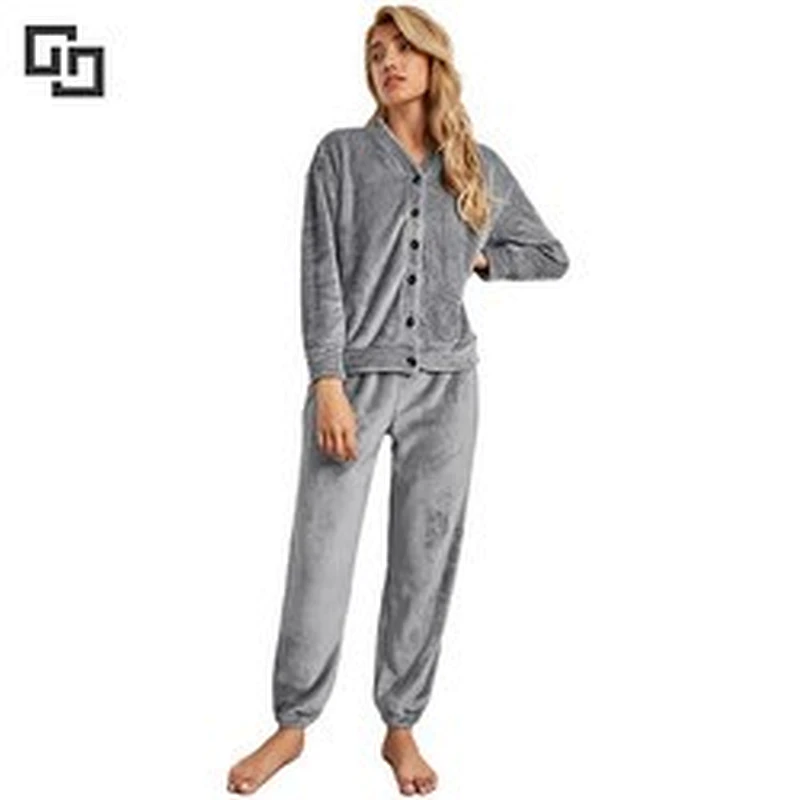 2022 Winter Custom Design Plus Size Women's Sleepwear Piajama Lounge Wear Set Flannel Pijama Solid Pajama Sets For Women