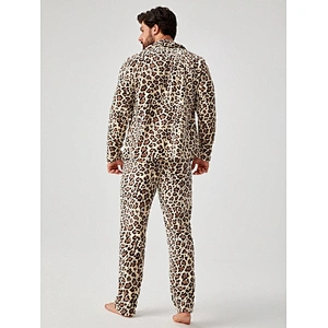 Men Leopard Print PJ Set Turkish Pajamas for Winter Adult Sleep Wear