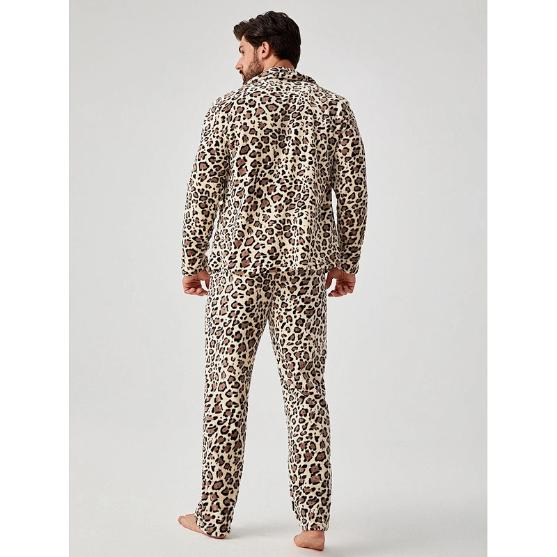 Men Leopard Print PJ Set Turkish Pajamas for Winter Adult Sleep Wear