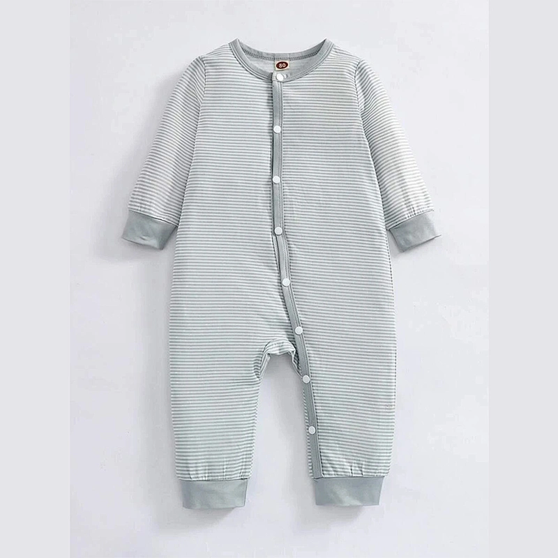 Spring Fall Baby Long Sleeve Rompers Round Neck Cartoon Graphic Striped Button Front Jumpsuit