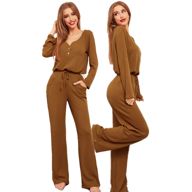 Cozy Femme Pyjamas Solid Waffle Tops With Pants Lounge Wear Set Designer Sleepwear Cotton Women Pajama Set