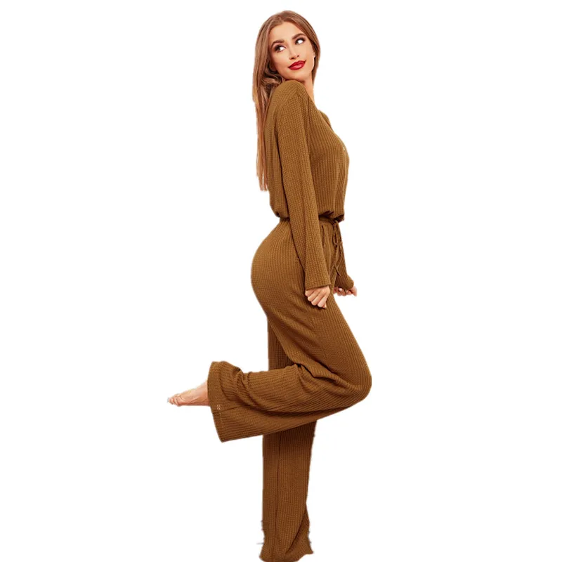 Cozy Femme Pyjamas Solid Waffle Tops With Pants Lounge Wear Set Designer Sleepwear Cotton Women Pajama Set