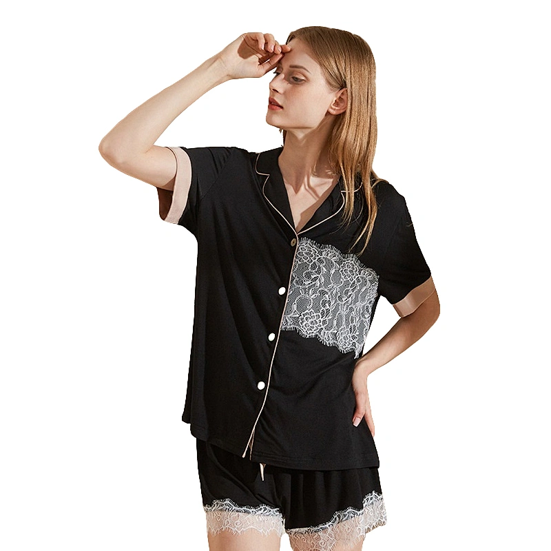 Wholesale Solid Lace Embroidery Pyjamas Sleepwear Short Classic Pajama Set Cotton Pijamas