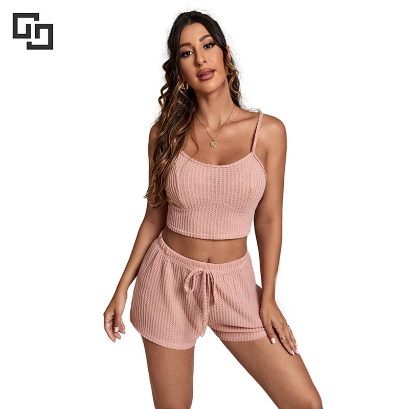 Wholesale Ladies Pyjama Waffle Solid Pijama Cami Sleepwear Pajama Set Women Cotton Pajama Set