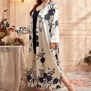 Satin Robes Women Long Beige Sleep Dresses for Women Plus Satin Floral Belted Night Gowns for Ladies