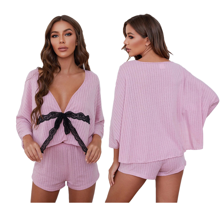 Cute Deep V Neck 2 Piece Loungewear Contrast Lace Tie Front Wholesale Cotton Pajamas