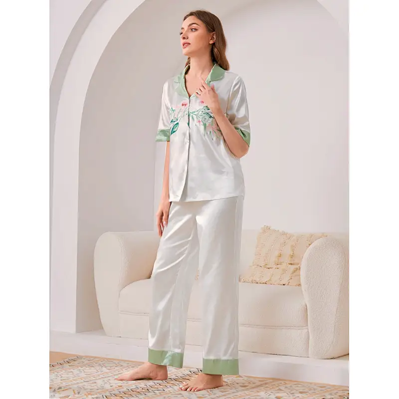 Luxury Women Sleepwear Floral Pyjama Ladies Nihgtwear Clothing Women Satin Silk Pajama Set