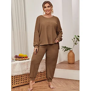 Custom Waffle Knit Women Waffle Pajama High Low Hem PJ Set Plus Size Pajamas