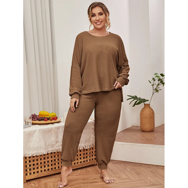 Custom Waffle Knit Women Waffle Pajama High Low Hem PJ Set Plus Size Pajamas