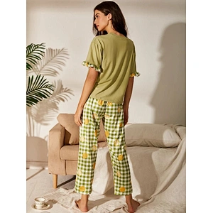 Designer Gingham & Durian Green Print Pajama 2 Pieces Matching Pant Knit Cotton Ruffle Lounge Sets