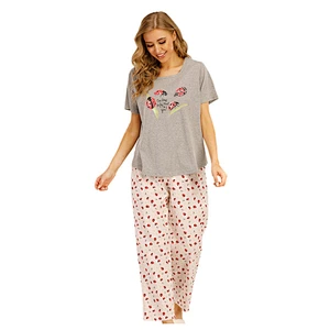 100% Cotton Short Printing Knitted Home Sleep wear Women Round-Collar OEM Popular Pyjamas Set