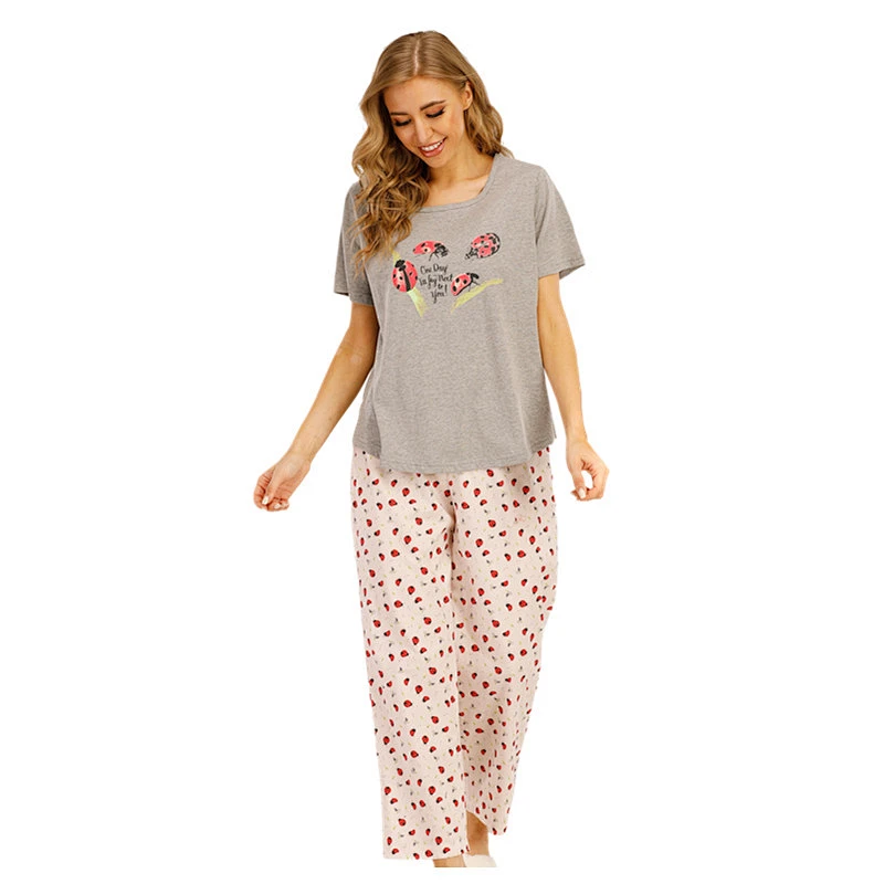 100% Cotton Short Printing Knitted Home Sleep wear Women Round-Collar OEM Popular Pyjamas Set