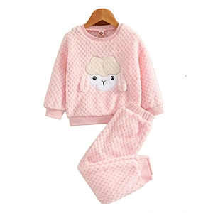Winter Girls Baby Pink Pajamas Cartoon Sheep Embroidered 3D Ear Design Flannel PJ Set for Kids