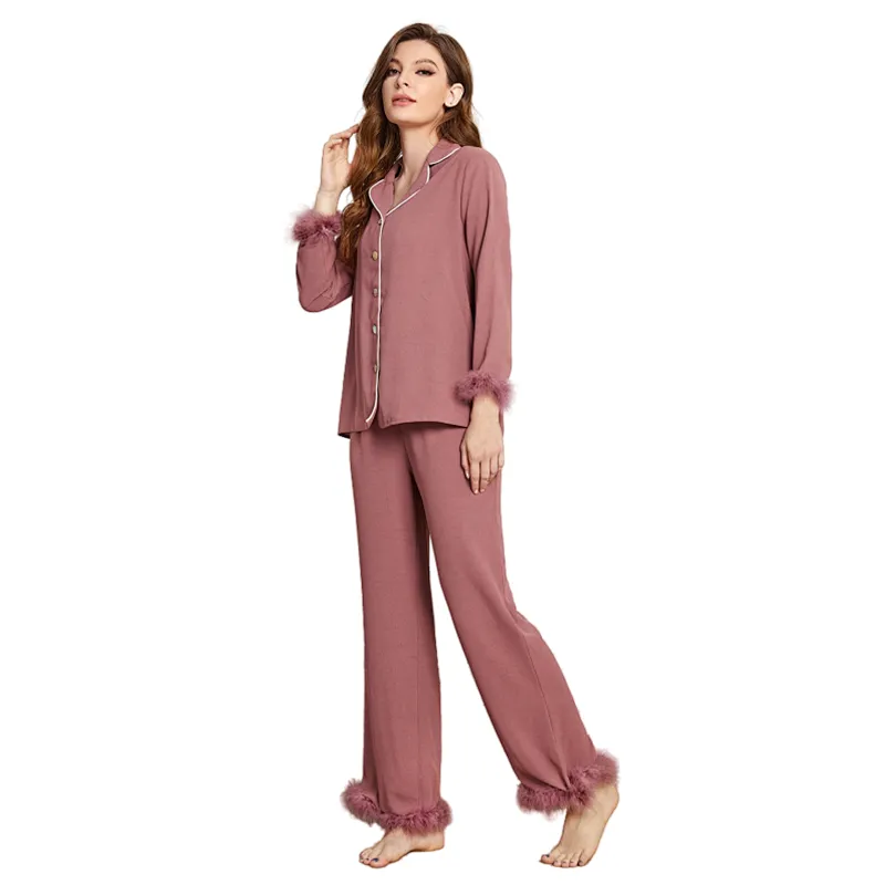 Pyjama Pour Feeme Fur Sleepwear Pijamas Feather Trim Cotton Pjs Wholesale Fuzzy Women Cozy Pajama Sets