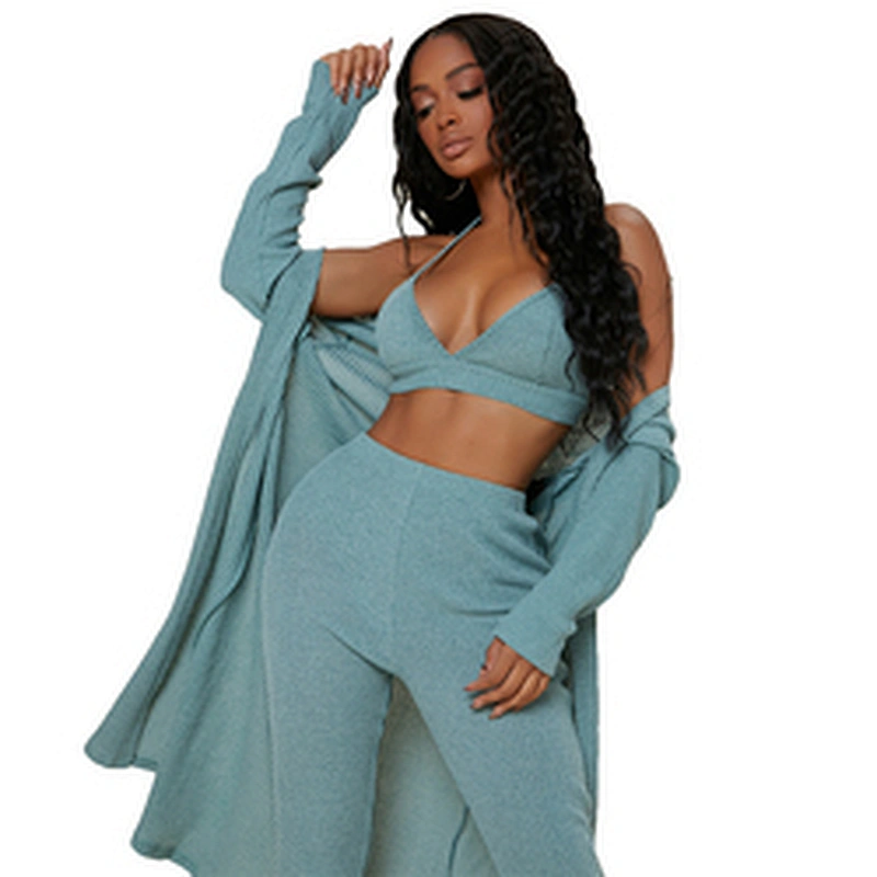 Long Sleeve Casual Lounge Wear 3pcs Solid Rib-knit Women Loungewear Sets