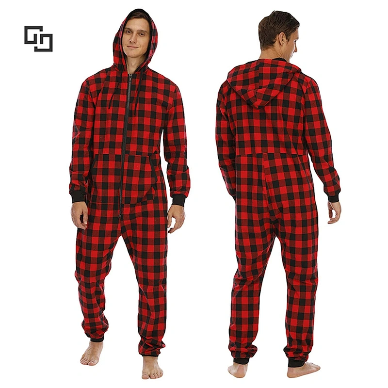 Male Adult Men Gingham Kangaroo Pocket Hooded Cotton Sleep Zipper Jumpsuit One Piece Pajamas