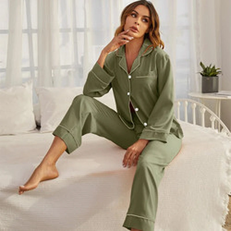 2022 NEW Custom Spring Long Sleep Wear Set Contrast Binding Button Through  Bamboo Pajamas