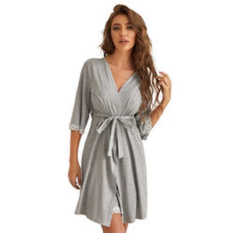 Lace Trim Ruffle Femme Sleep Wear Solid Jersey Knit Cami Dress Robe Sets Chemise Bamboo Cotton Women Bath Robes