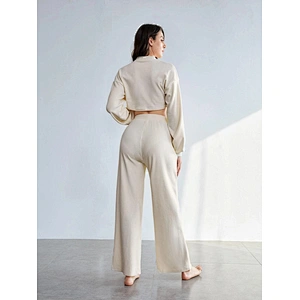 Womens Two Piece Sleep Clothing Mock Neck Drop Shoulder Crop Top And Pants Lounge Set