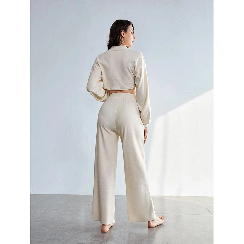 Womens Two Piece Sleep Clothing Mock Neck Drop Shoulder Crop Top And Pants Lounge Set
