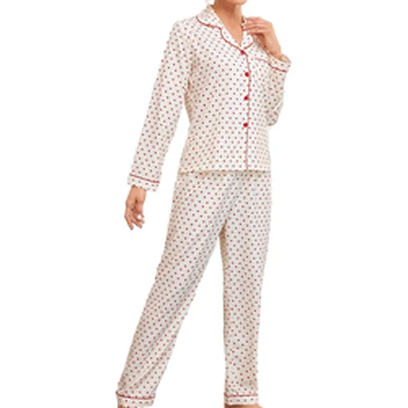 Confetti Heart Print Contrast Beige Piping Long Sleeve Pajama Set