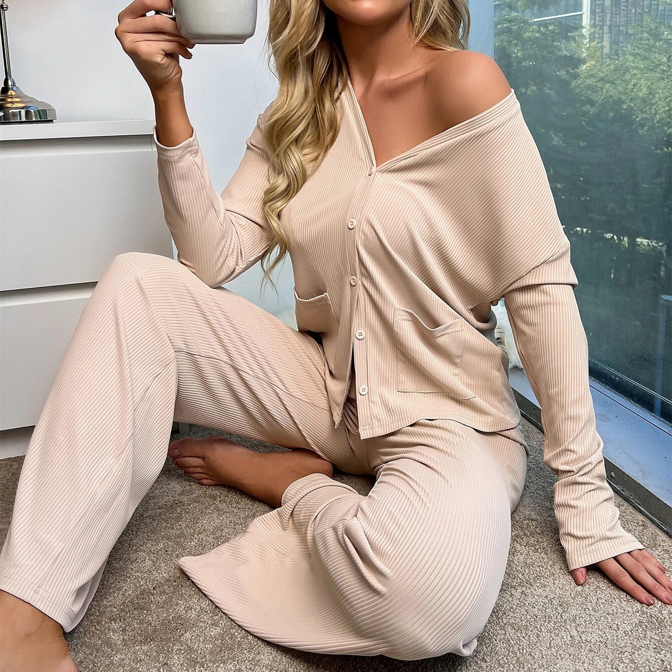 Rib Knit Custom Loungewear Patched Pocket Drop Shoulder Lounge Wear Sets Women