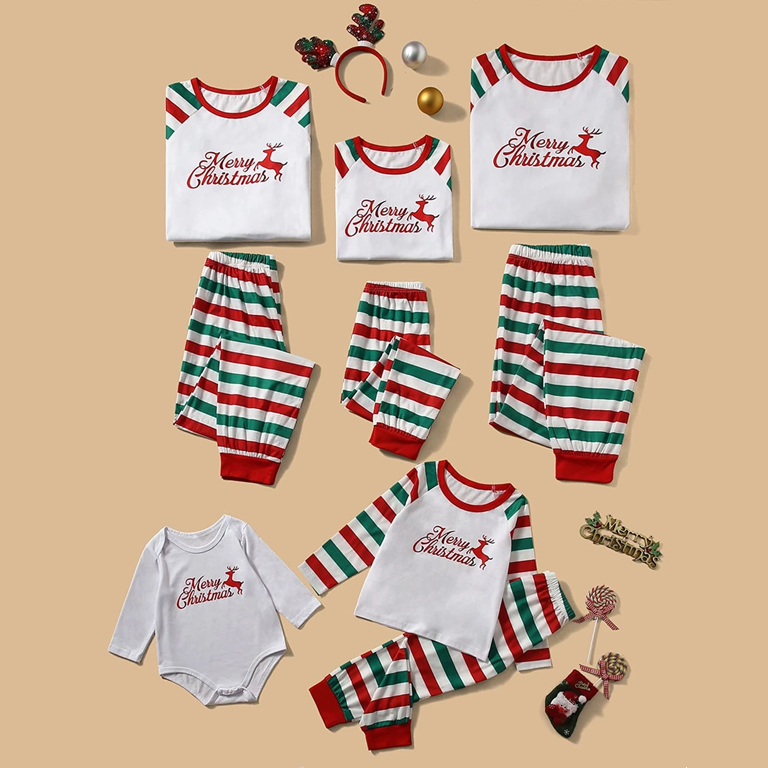 Long Sleeve Christmas Family Pyjamas Print Top & Striped Pants with Cuff OEM Christmas Pajamas