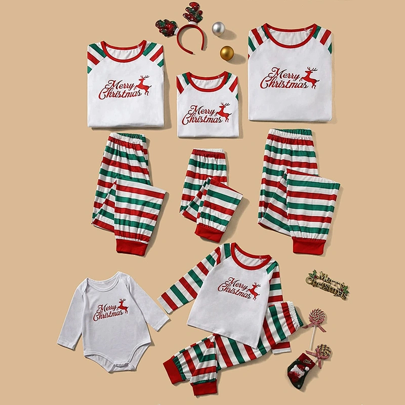 Long Sleeve Christmas Family Pyjamas Print Top & Striped Pants with Cuff OEM Christmas Pajamas