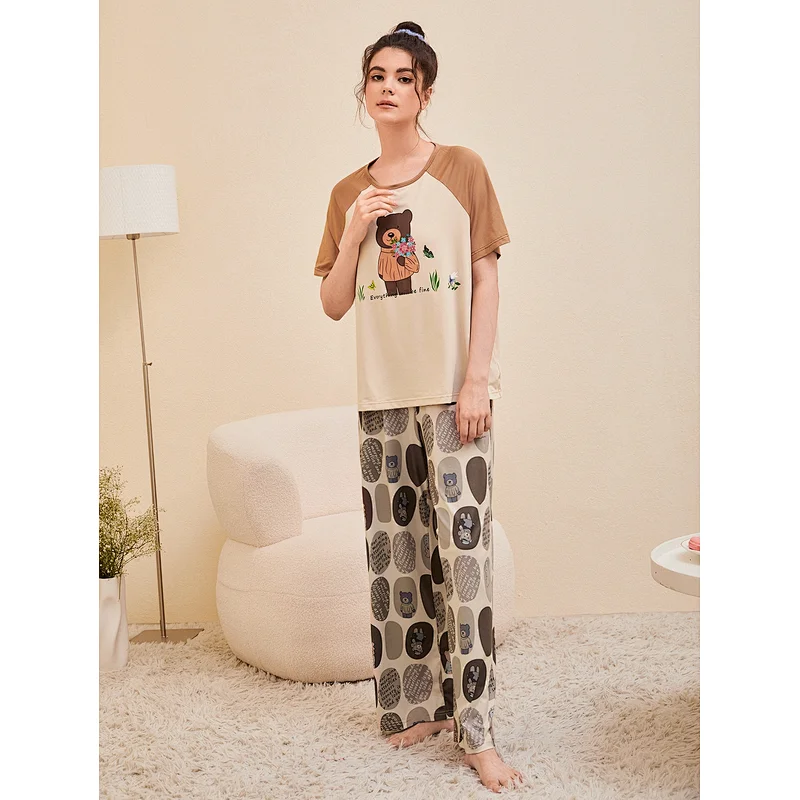 OEM Sleepwear Slogan & Bear Print Color Block Raglan Sleeve Cotton PJ Set for Women
