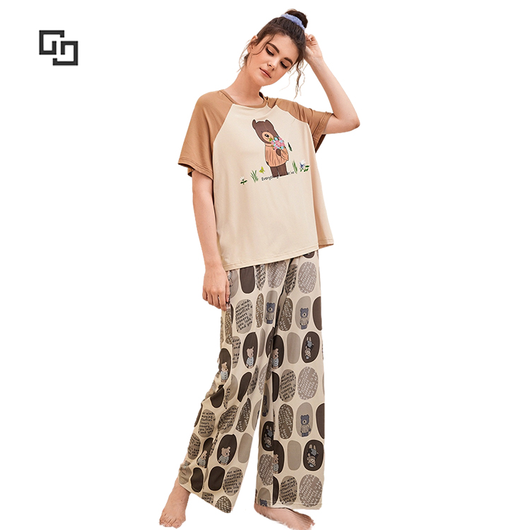 OEM Sleepwear Slogan & Bear Print Color Block Raglan Sleeve Cotton PJ Set for Women